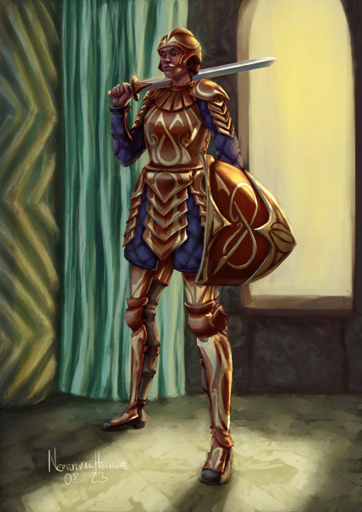 A glowing knight in armour, rim-lit by warm light against a dark ground, character illustration by Nepturnal.